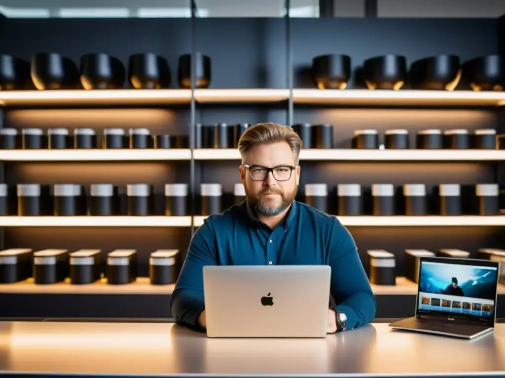 Un fotógrafo profesional revisa estrategias de gestión de derechos digitales en un estudio moderno