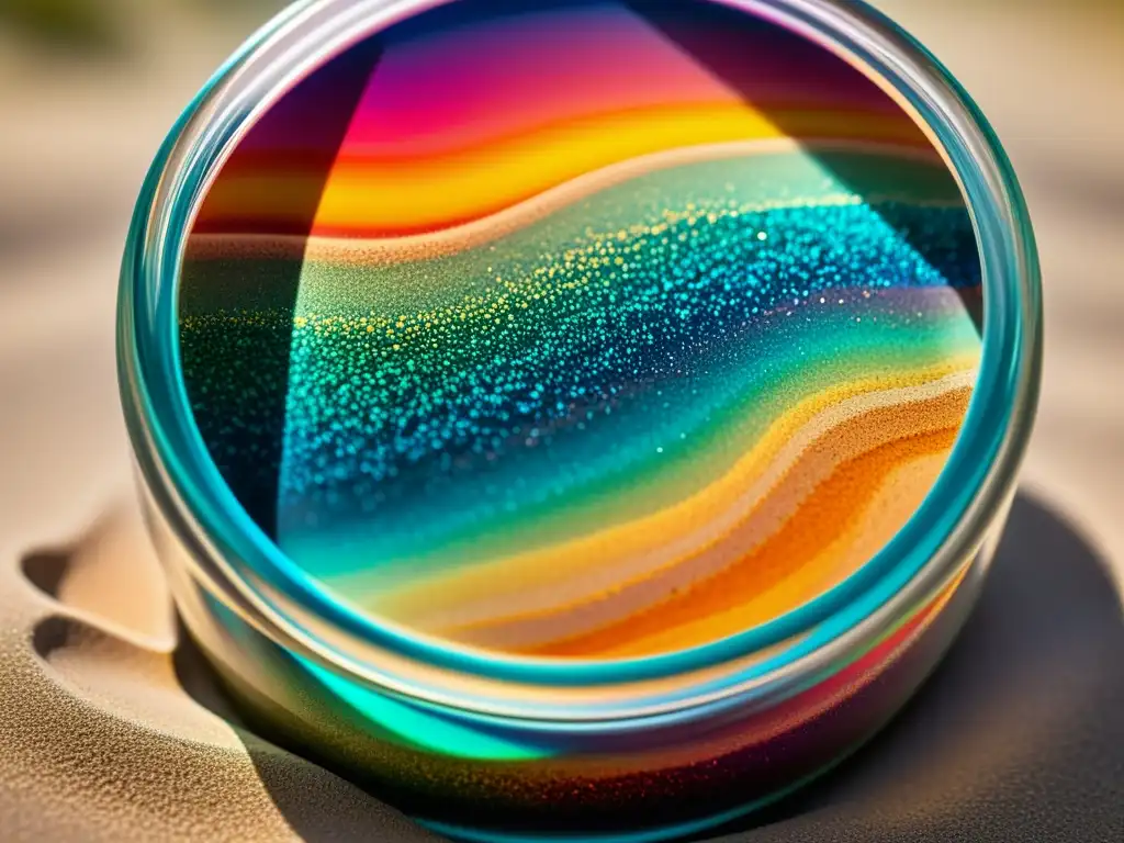 Un frasco transparente lleno de capas de arena de colores brillantes, creando un efecto degradado impresionante