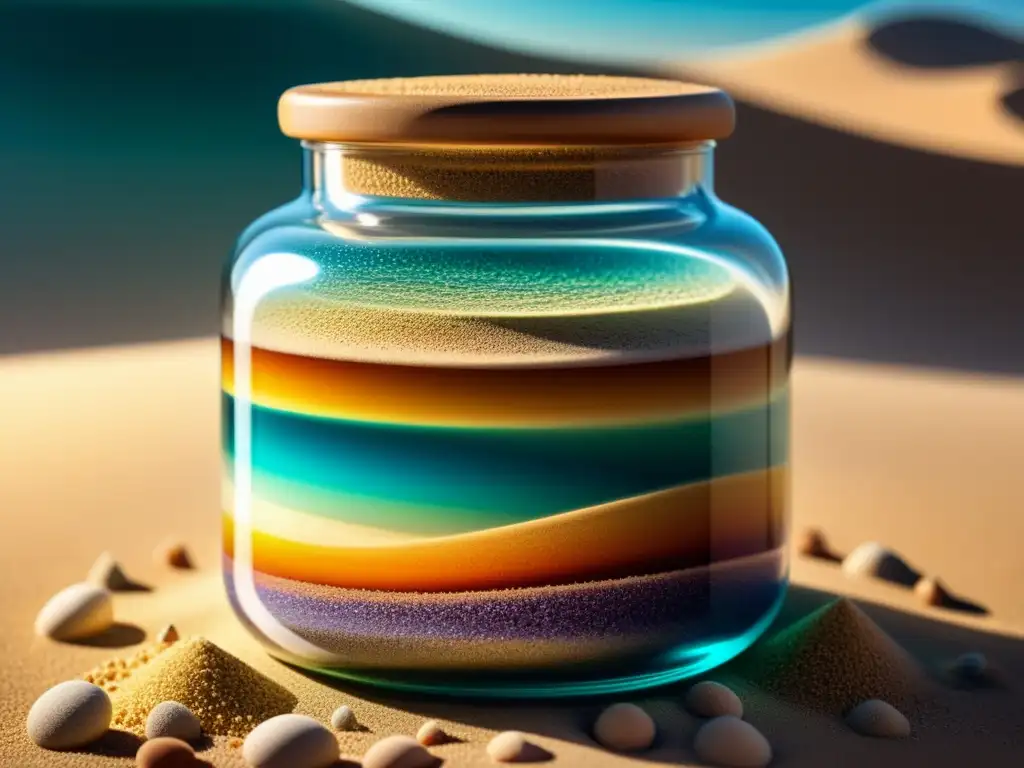 Un frasco de vidrio transparente lleno de capas de colorida arena, simbolizando la construcción de confianza y autenticidad de marca en la era digital