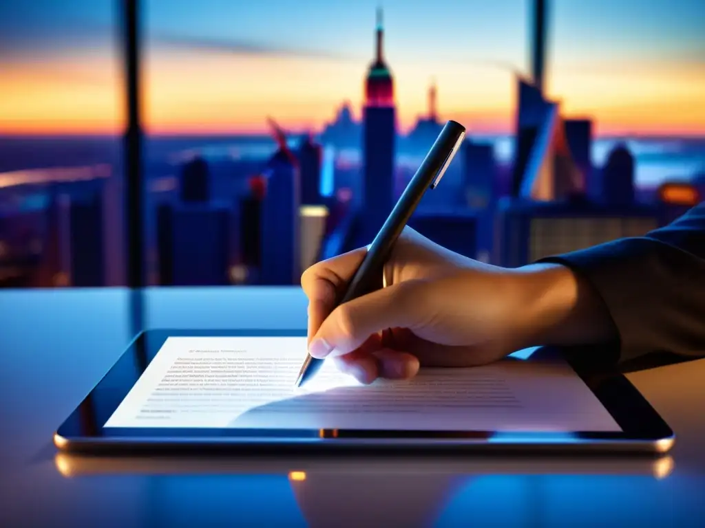 Un freelancer firmando un contrato de licencia en una tablet moderna, con una atmósfera profesional y sofisticada