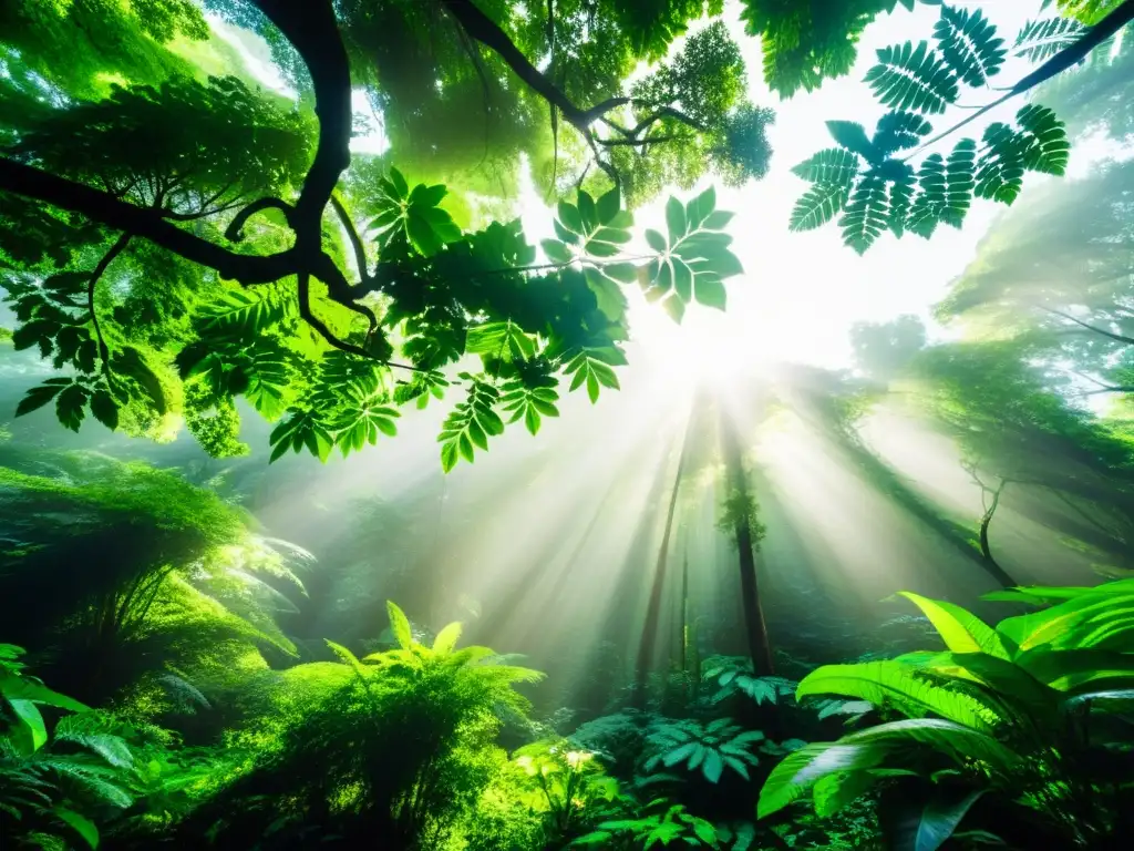 Un frondoso bosque verde con rayos de sol filtrándose a través del dosel, resaltando la exuberante vegetación y el ecosistema diverso debajo