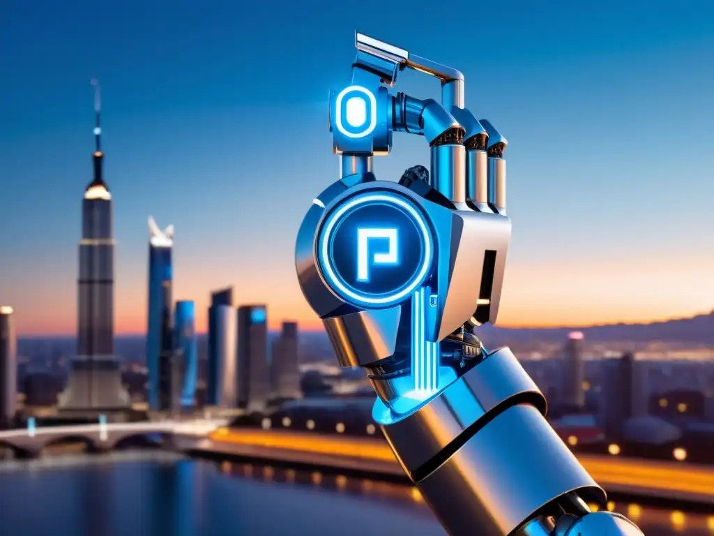 Un futurista brazo robótico sostiene símbolos legales frente a una ciudad tecnológica al anochecer, capturando la fusión de innovación y legalidad en la robótica