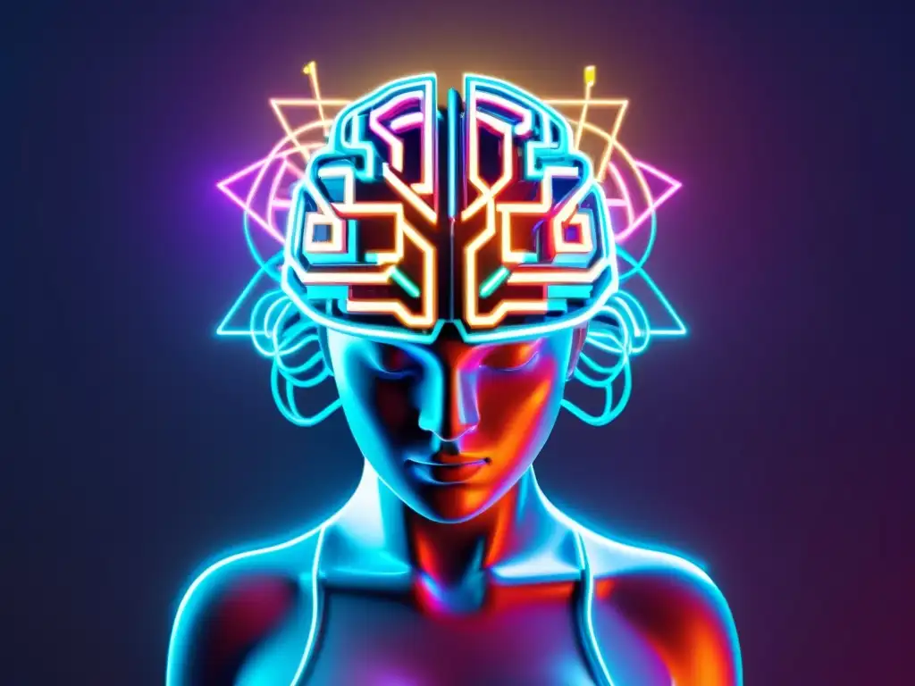 Representación futurista de un cerebro digital rodeado de formas geométricas y circuitos interconectados brillantes, simbolizando la intersección entre la inteligencia artificial y la propiedad intelectual