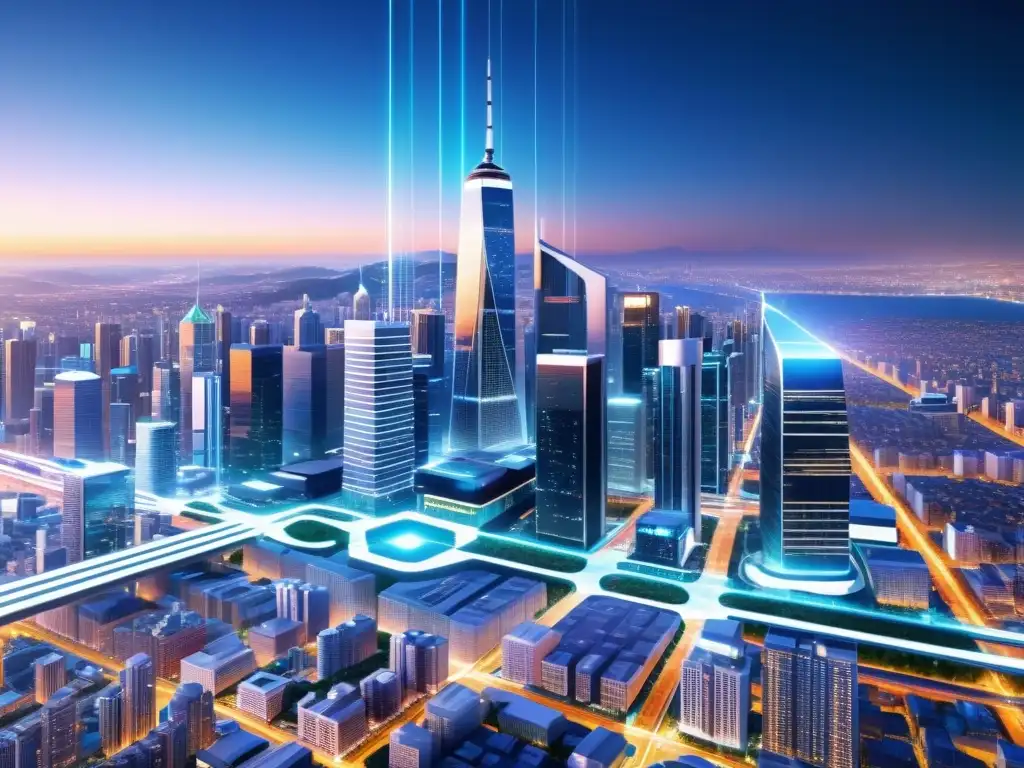 Futurista ciudad digital con redes de datos entre rascacielos, mostrando patentes de software, interoperabilidad y estándares técnicos