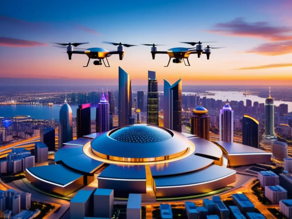 Futurista ciudad con drones capturando imágenes en un vibrante atardecer