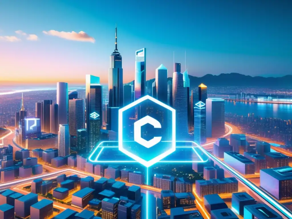 Futurista ciudad con hologramas y blockchain protegiendo propiedad intelectual en entretenimiento digital