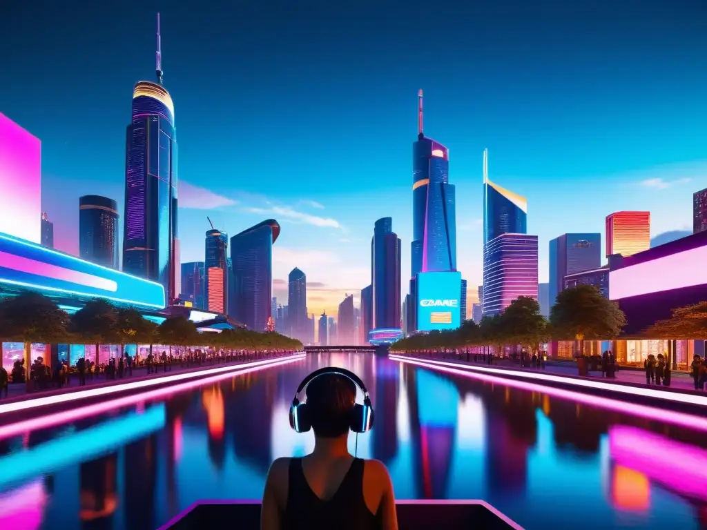 Una futurista ciudad nocturna con rascacielos iluminados por luces de neón, reflejándose en un río brillante