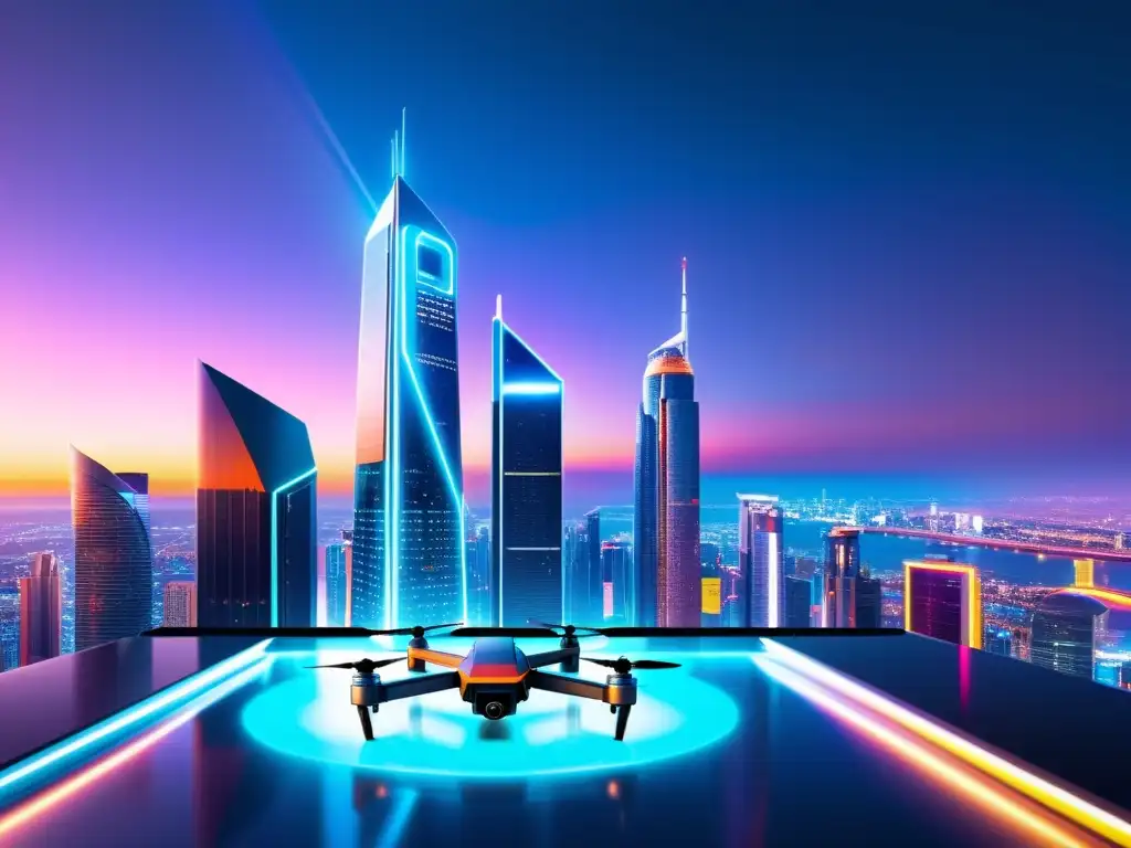 Futurista ciudad con rascacielos de cristal, drones de IA y profesionales protegiendo secretos empresariales con tecnología de IA
