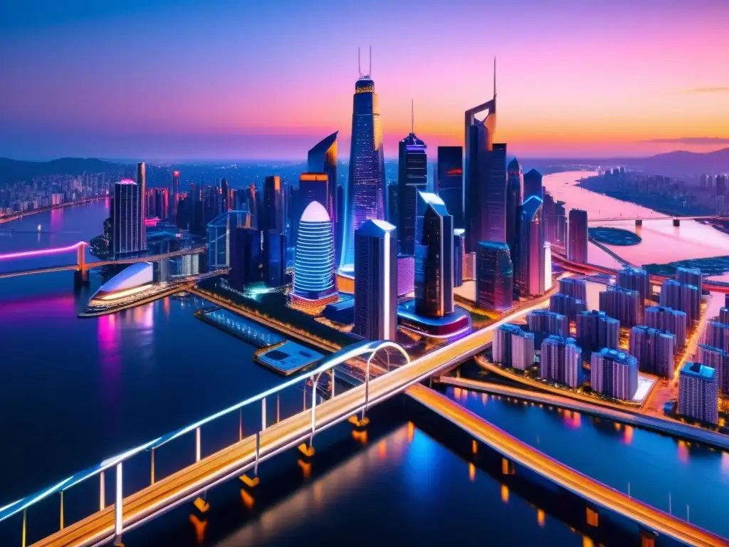 Futurista ciudad con rascacielos iluminados por luces de neón sobre un río, proyecta innovación y sofisticación