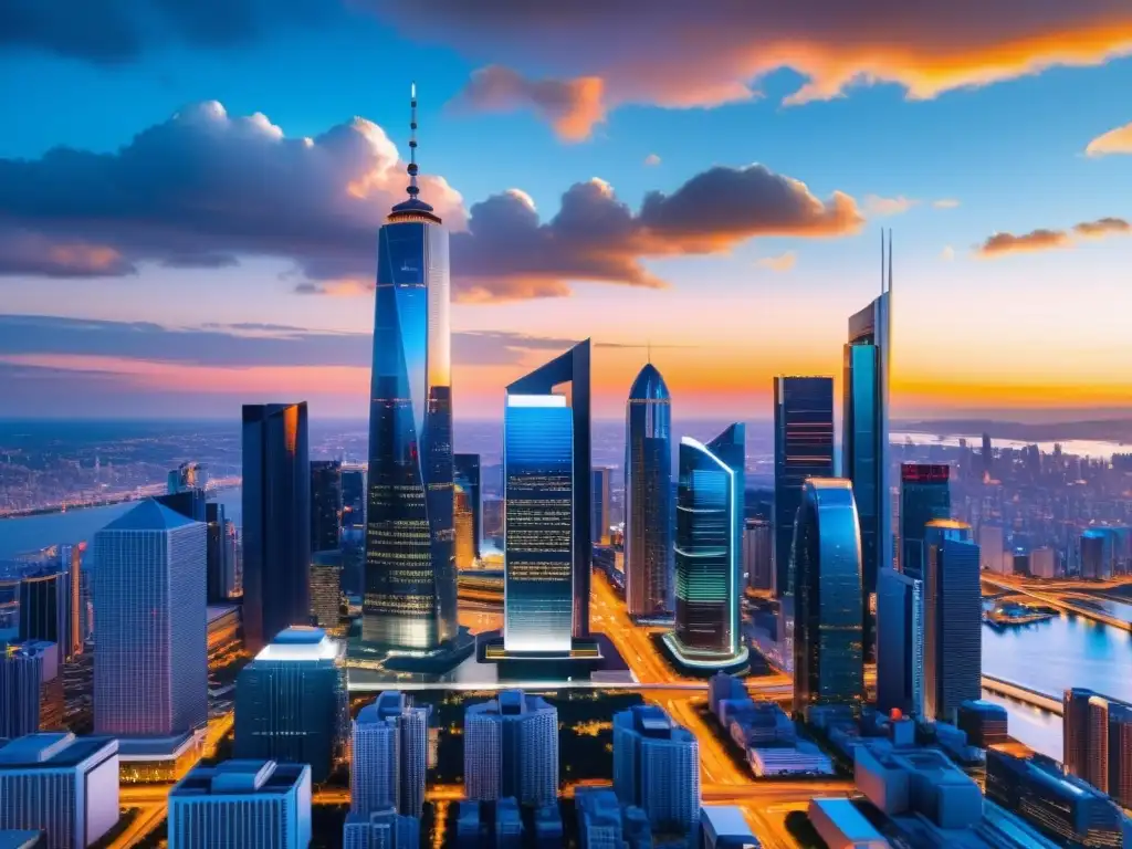 Futurista ciudad con rascacielos modernos y datos financieros, simbolizando Fintech, propiedad intelectual e innovación financiera al atardecer