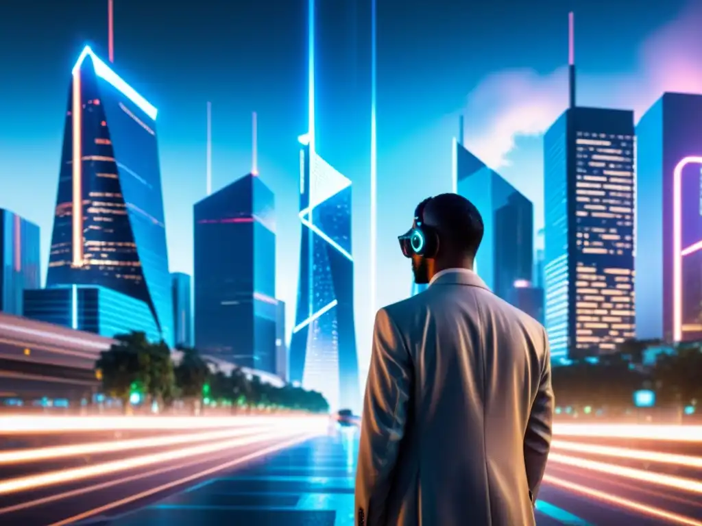 Futurista ciudad con rascacielos y red neural iluminada, simbolizando la propiedad intelectual en deep learning