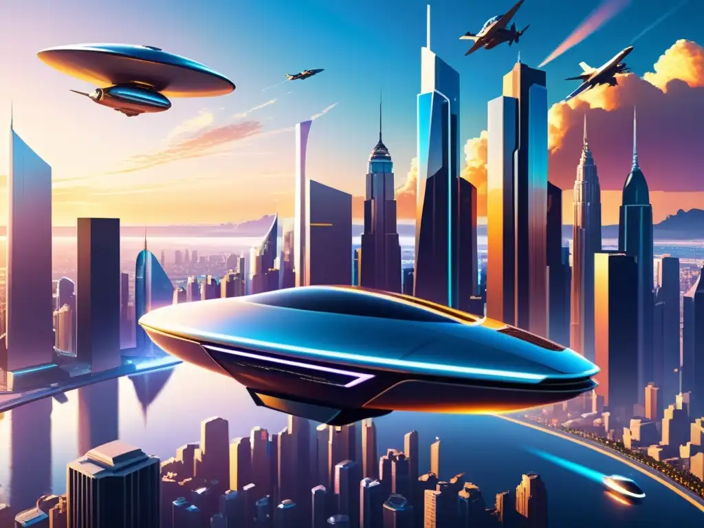 Futurista ciudad con rascacielos, vehículos voladores y anuncios holográficos, desafíos legales NFTs propiedad intelectual