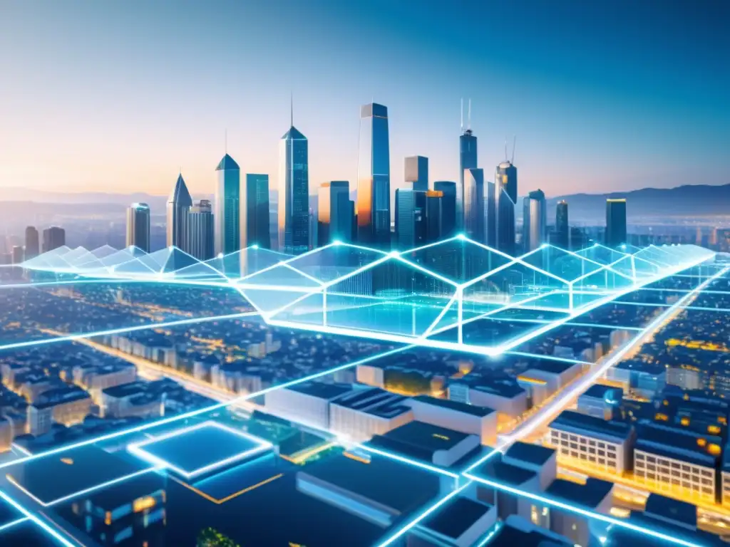 Futurista ciudad con redes blockchain integradas, simbolizando la protección de la propiedad intelectual en la economía moderna
