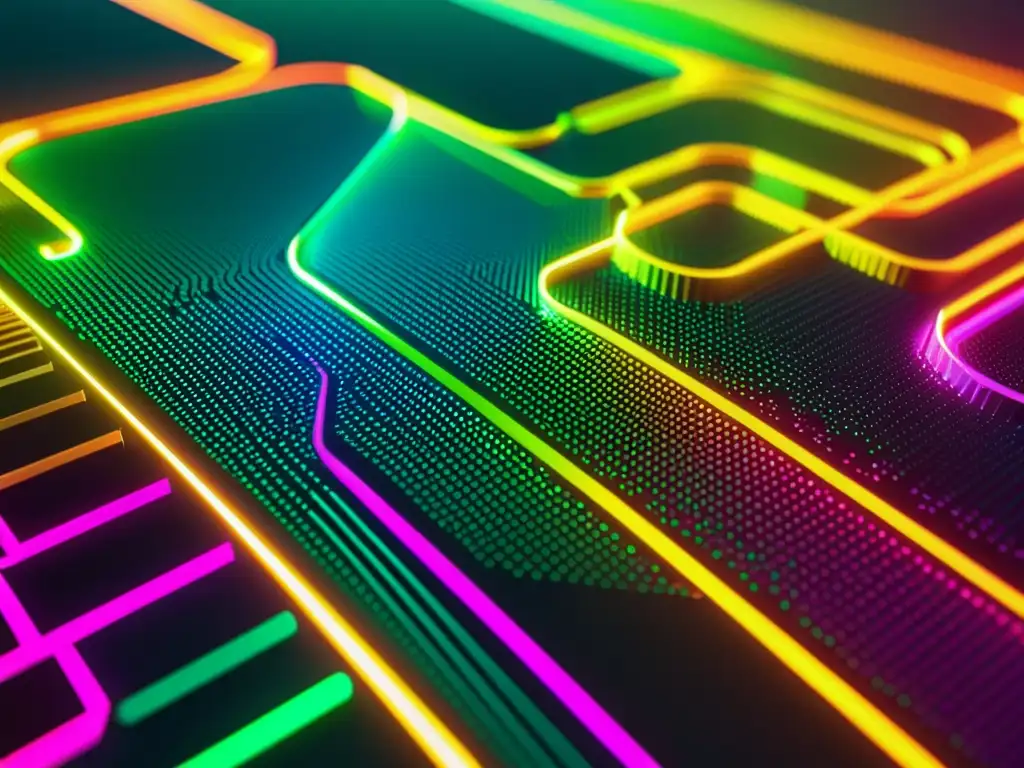 Visualización futurista de código informático con colores neón, representando la complejidad del fair use en software derechos de autor