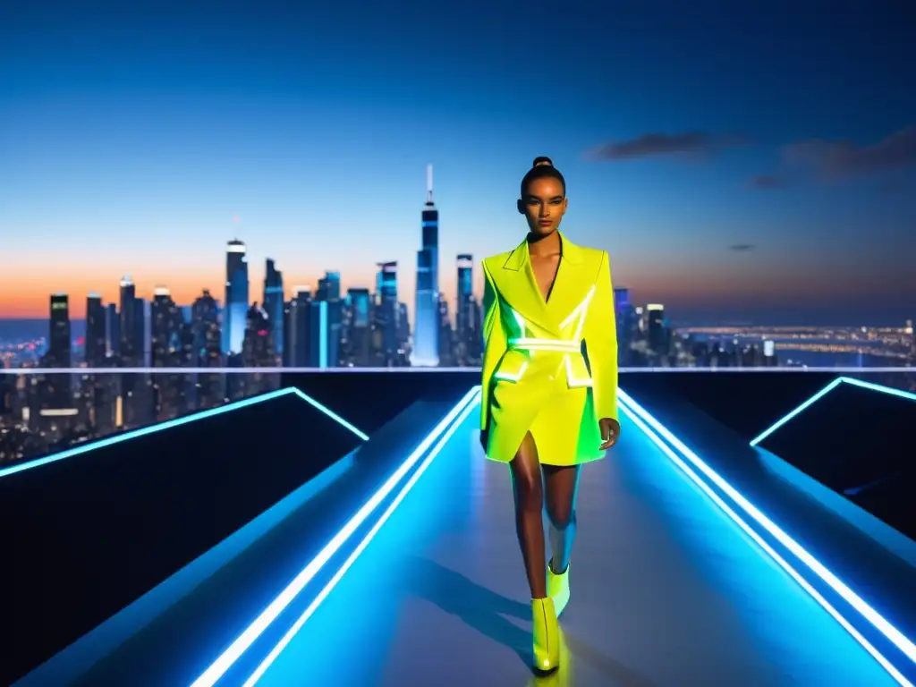 Futurista desfile de moda con tecnología LED y ley de software en moda, en una pasarela iluminada por neones y fondo de ciudad nocturna