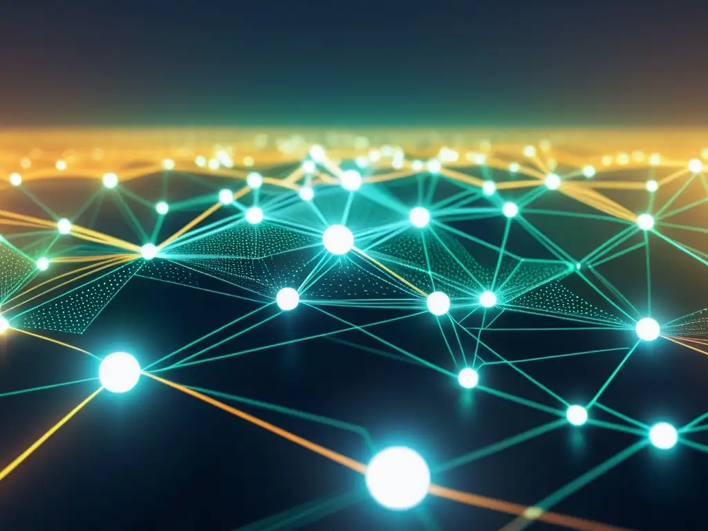 Una representación futurista y detallada de una red blockchain digital interconectada, con nodos y transacciones, en una interfaz moderna y elegante