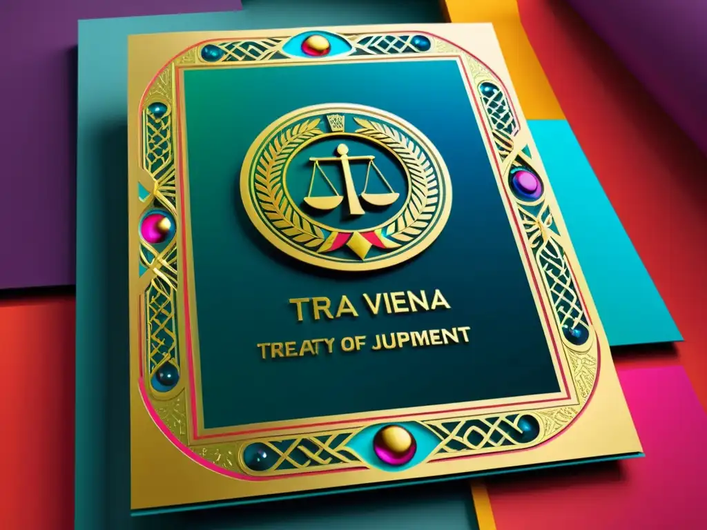 Representación futurista del Tratado de Viena, con diseño dinámico y colores vibrantes que transmiten relevancia en acuerdos de propiedad intelectual