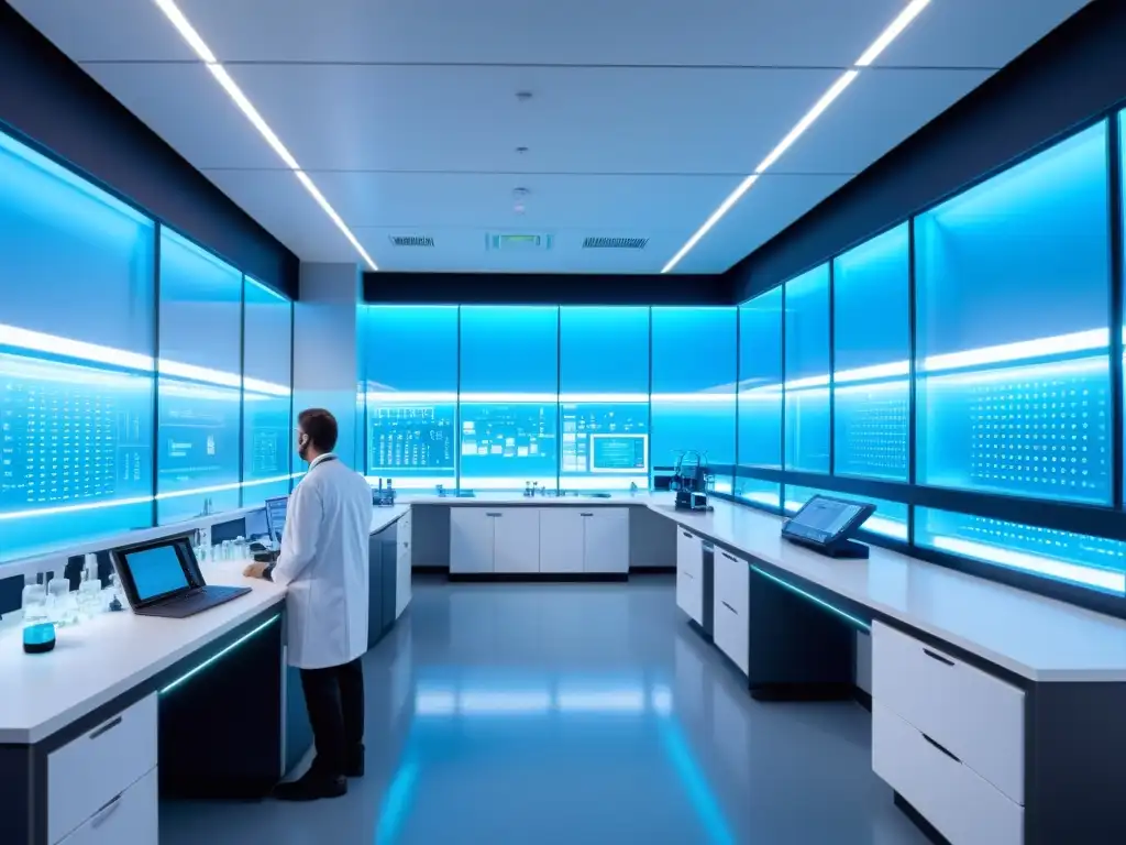 Instalación futurista de investigación farmacéutica con científicos en batas blancas y equipo de laboratorio de vanguardia, iluminada con suave luz azul