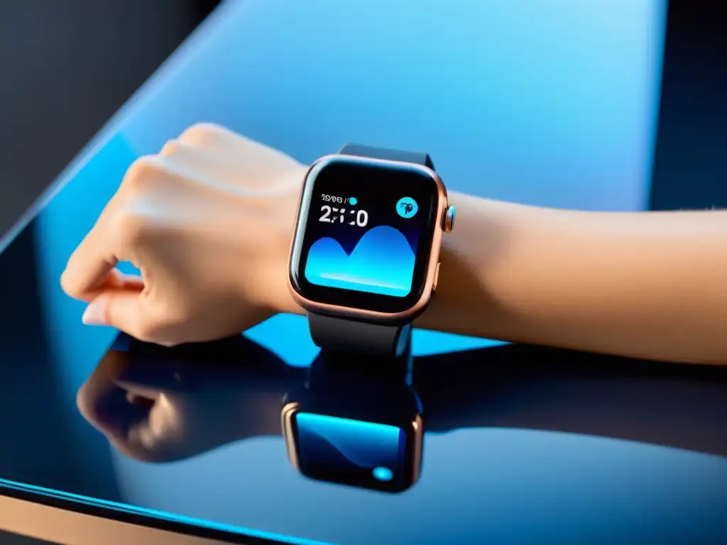 Smartwatch futurista con visualización holográfica, auriculares inalámbricos emitiendo luz azul y escenario de alta tecnología