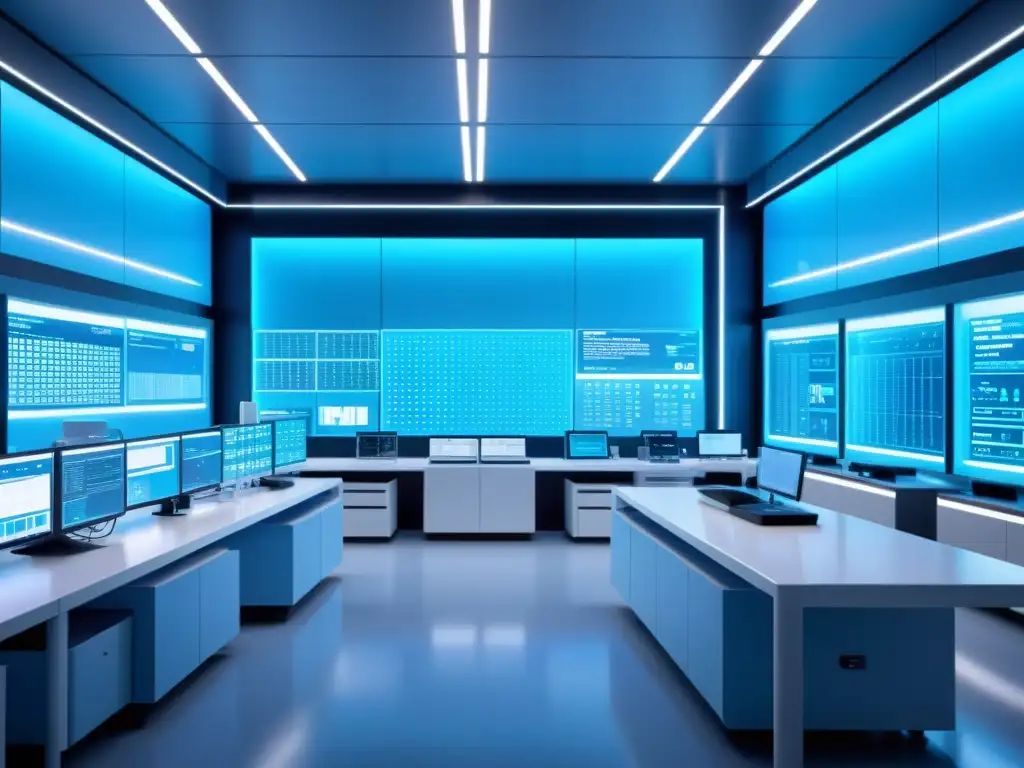 Instalación de investigación farmacéutica futurista bajo luz azul, con científicos, pantallas transparentes y equipo de vanguardia
