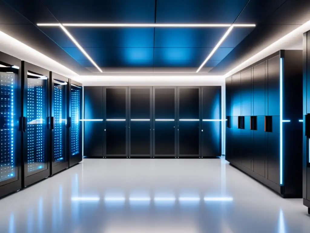 Data center futurista con medidas avanzadas de seguridad, como control biométrico y servidores encriptados