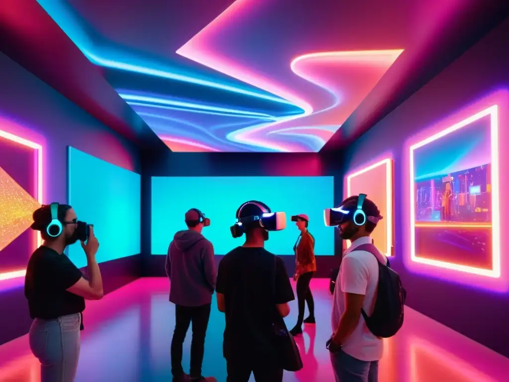 Un futurista museo de arte digital con NFT vibrantes y abstractos en hologramas, bañado en neón, visitantes usando lentes de realidad virtual, fusionando tradición con tecnología