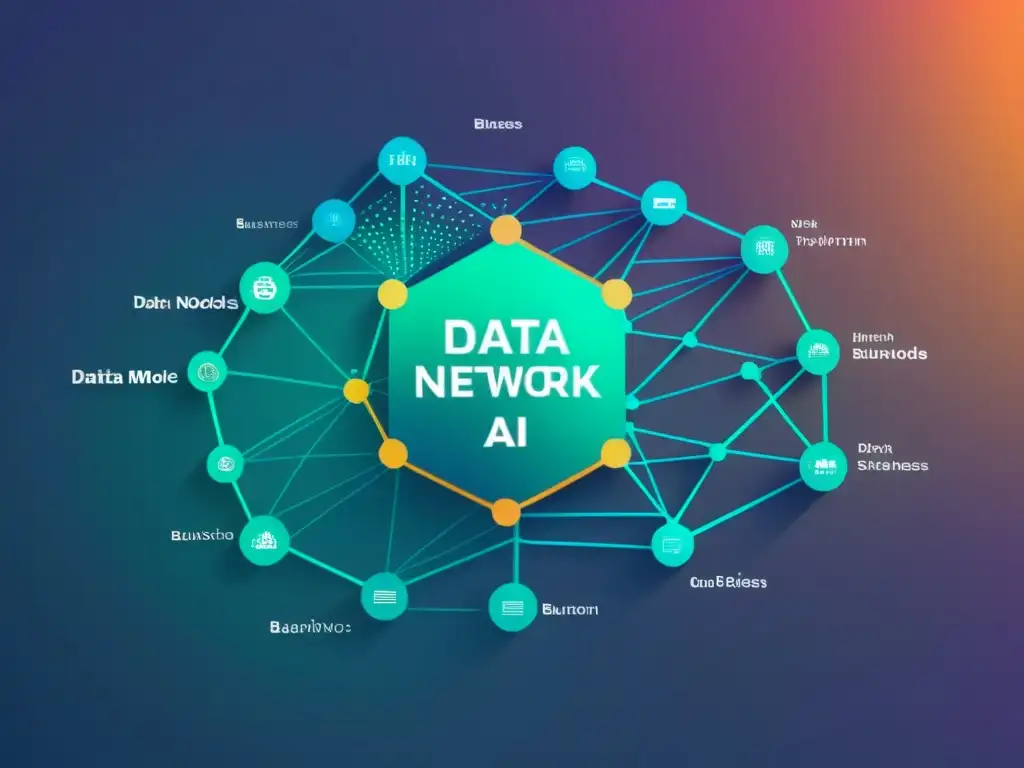 Interconexión futurista de nodos y datos representando modelos de negocios en IA con suscripción, freemium, payperuse, etc