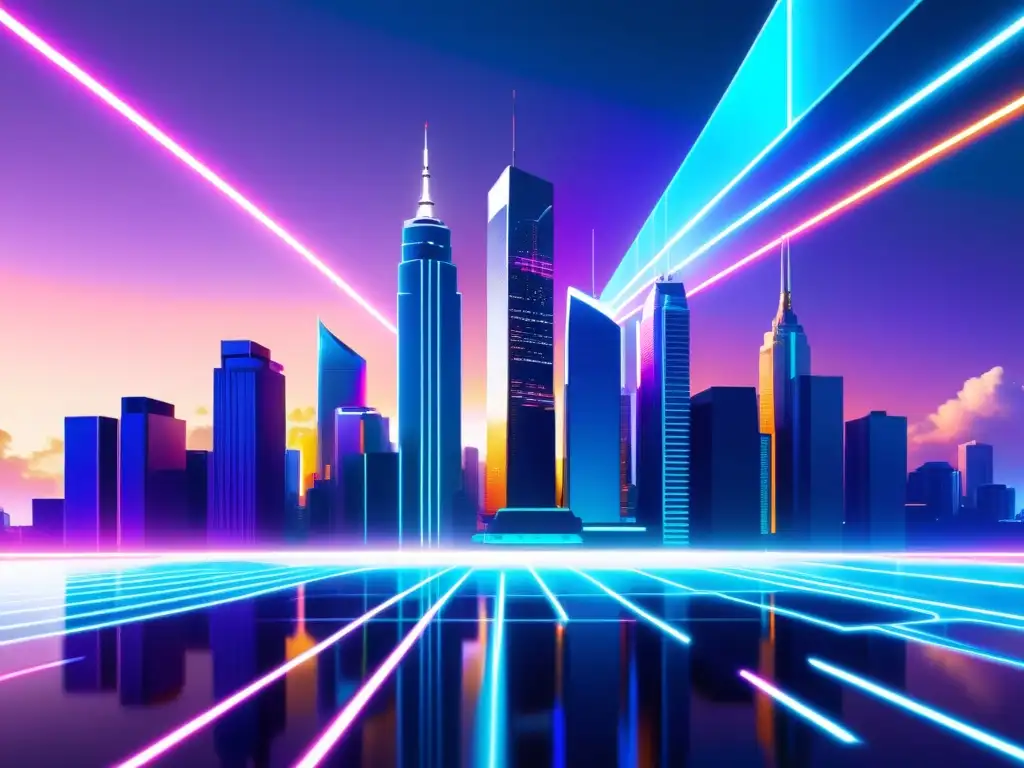 Un futurista paisaje urbano con rascacielos interconectados, luces de neón y tecnología avanzada
