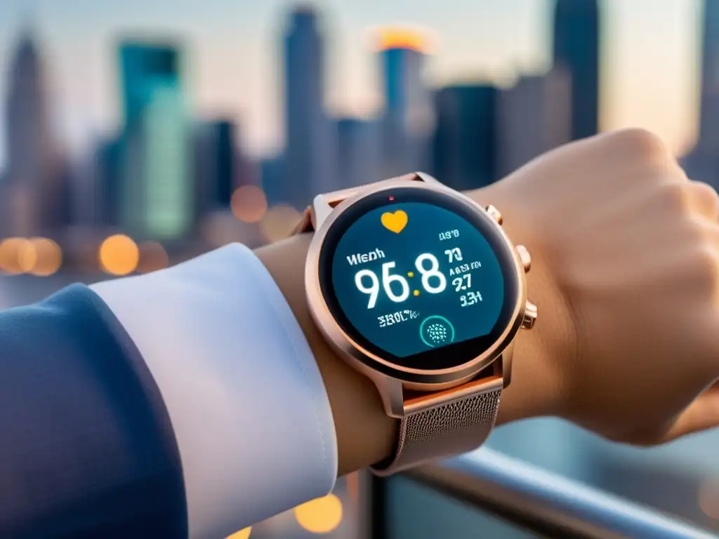Smartwatch futurista con pantalla transparente, datos de salud en una ciudad, simbolizando el impacto de las patentes en wearables