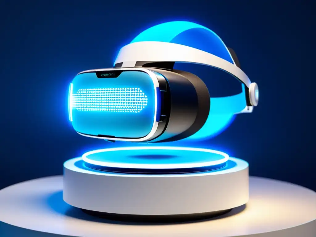 Una futurista realidad virtual con detalles intrincados y tonos azules, rodeada de luz suave