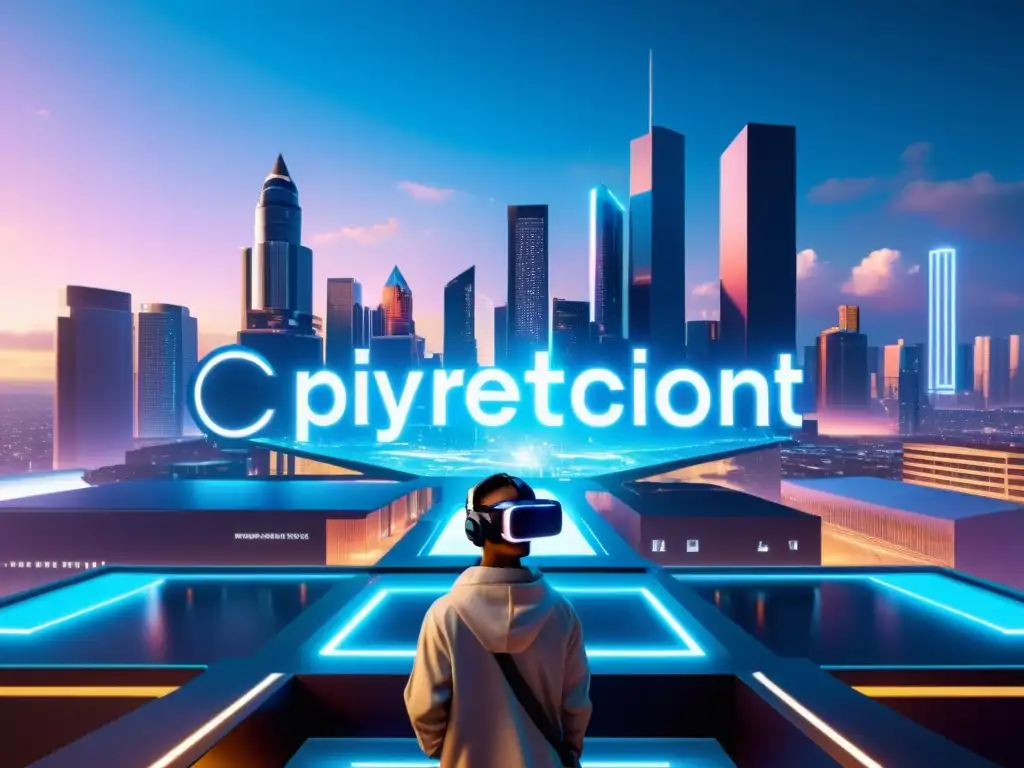 Cityscape futurista en realidad virtual con símbolos de derechos de autor, legislación y neones, representando la compleja naturaleza legal en entornos inmersivos