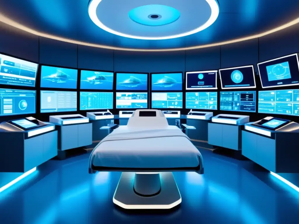 Futurista sala de operaciones con tecnología robótica realizando cirugía, rodeada de pantallas digitales mostrando datos médicos complejos
