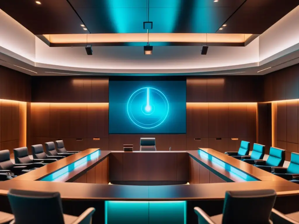 Futurista sala de tribunal con hologramas, jueces AI y abogados humanos debatiendo