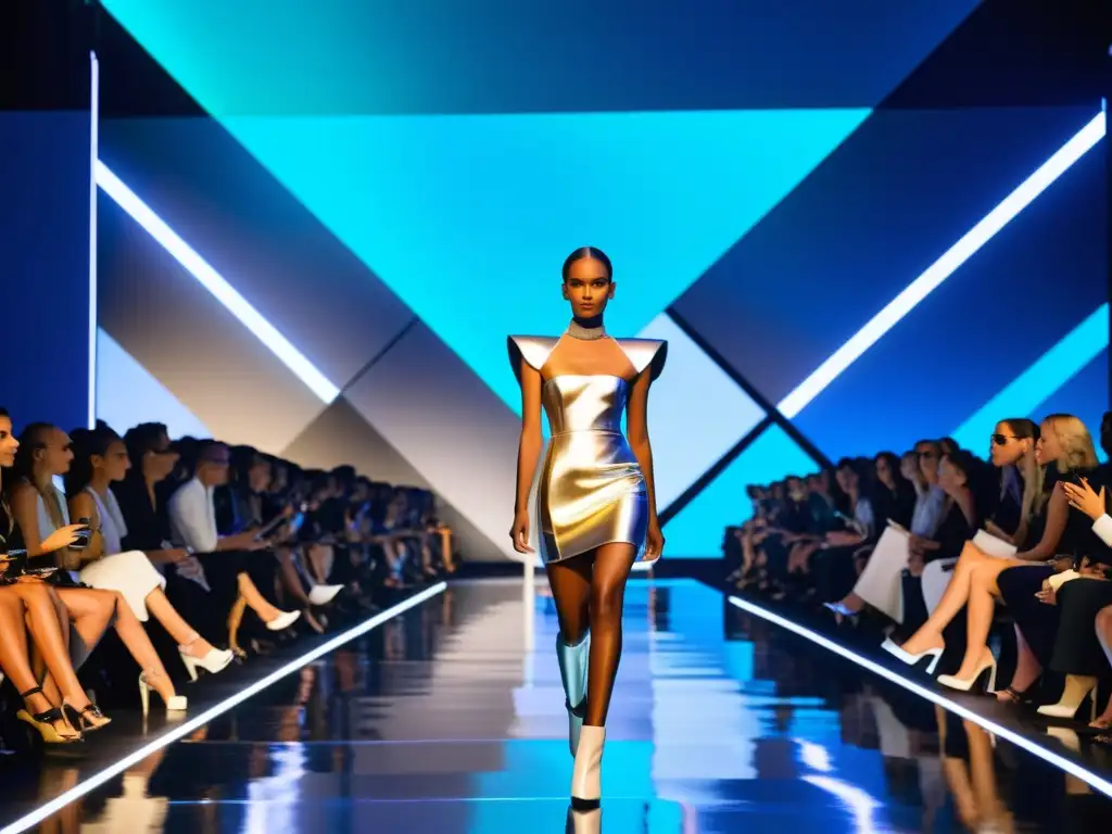 Futuro desfile de moda con diseño tecnológico y leyes de software en moda