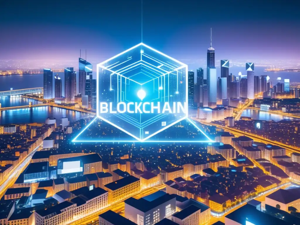 Futuro privacidad datos blockchain: Una red blockchain transparente y brillante flota sobre una ciudad iluminada por datos encriptados