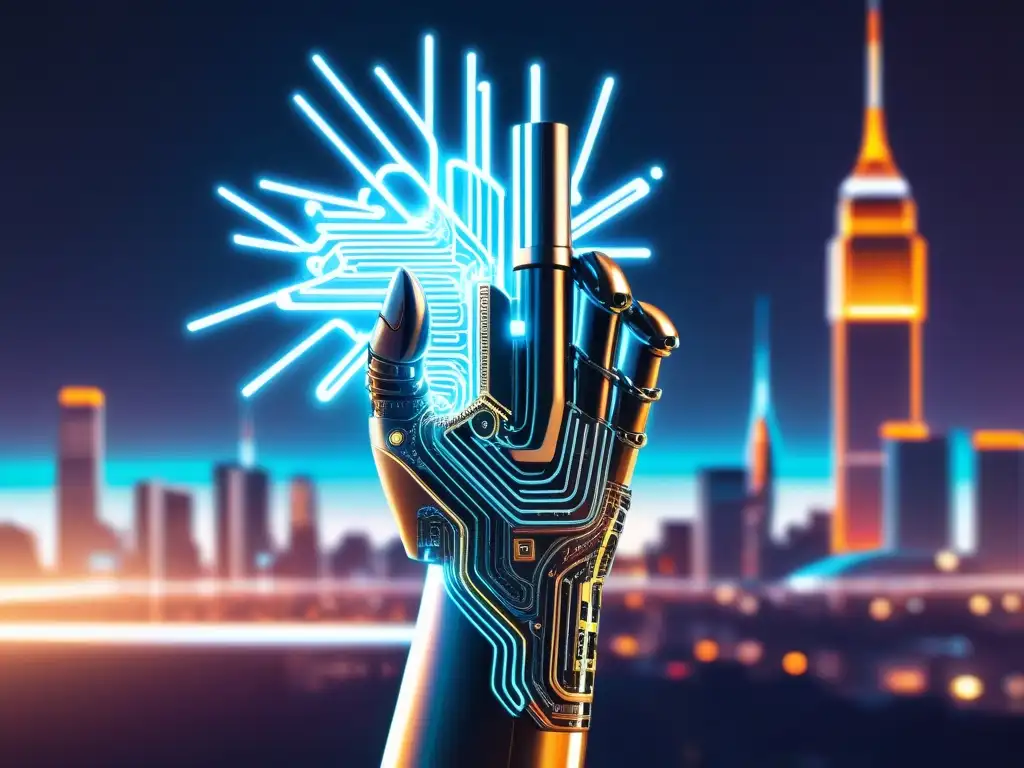 Un futuro de tecnología avanzada: una mano robótica escribe en el aire rodeada de código y redes neuronales