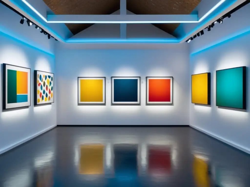 Una galería de arte contemporáneo con una colección diversa de pinturas vibrantes y llamativas