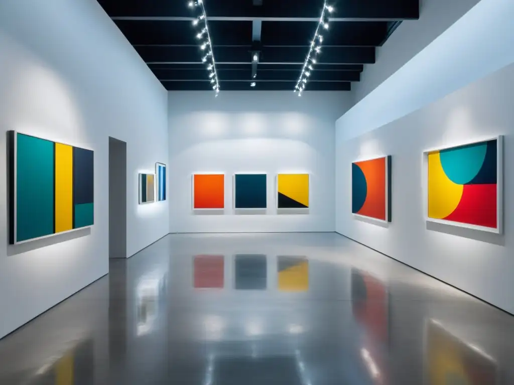 Una galería de arte contemporáneo con esculturas y pinturas abstractas rodeadas de instalaciones minimalistas