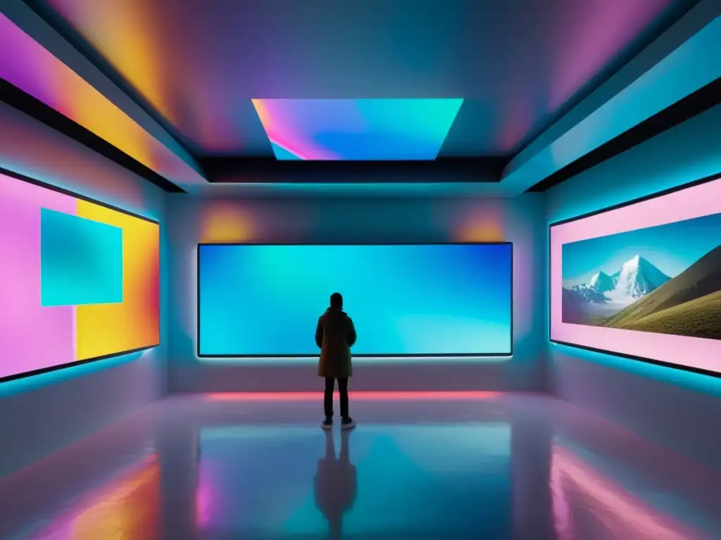 Una galería de arte futurista llena de NFTs vibrantes y de gran tamaño, fusionando lo tradicional y digital