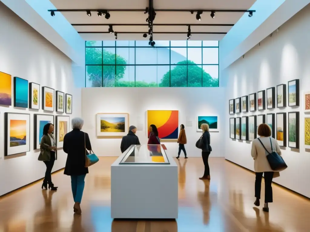 Una galería de arte llena de luz natural, con una diversa colección en exhibición