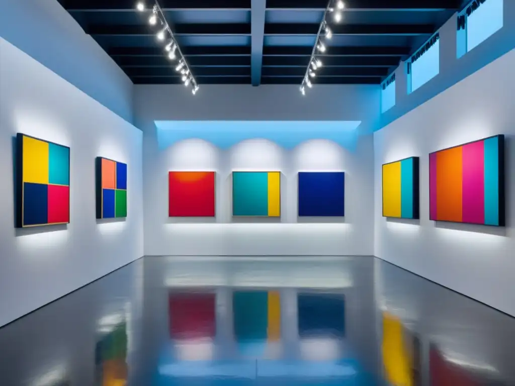 Una galería de arte moderna y vibrante con obras de arte abstracto coloridas