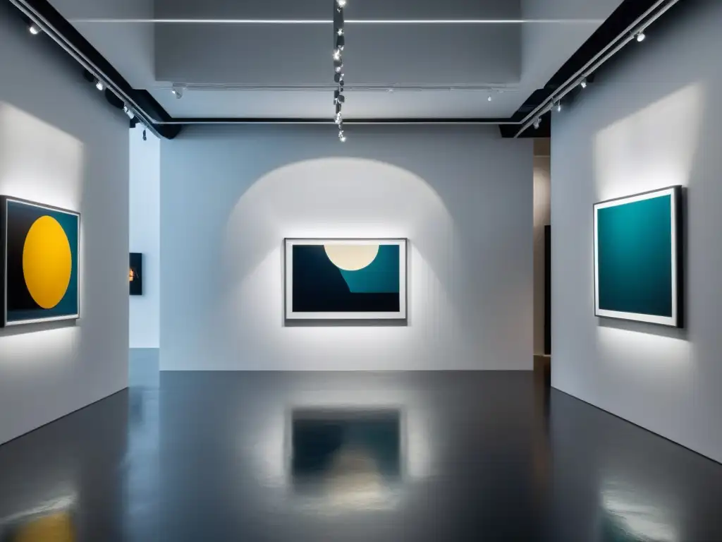 Una galería de arte moderno, iluminación dramática y obras contemporáneas