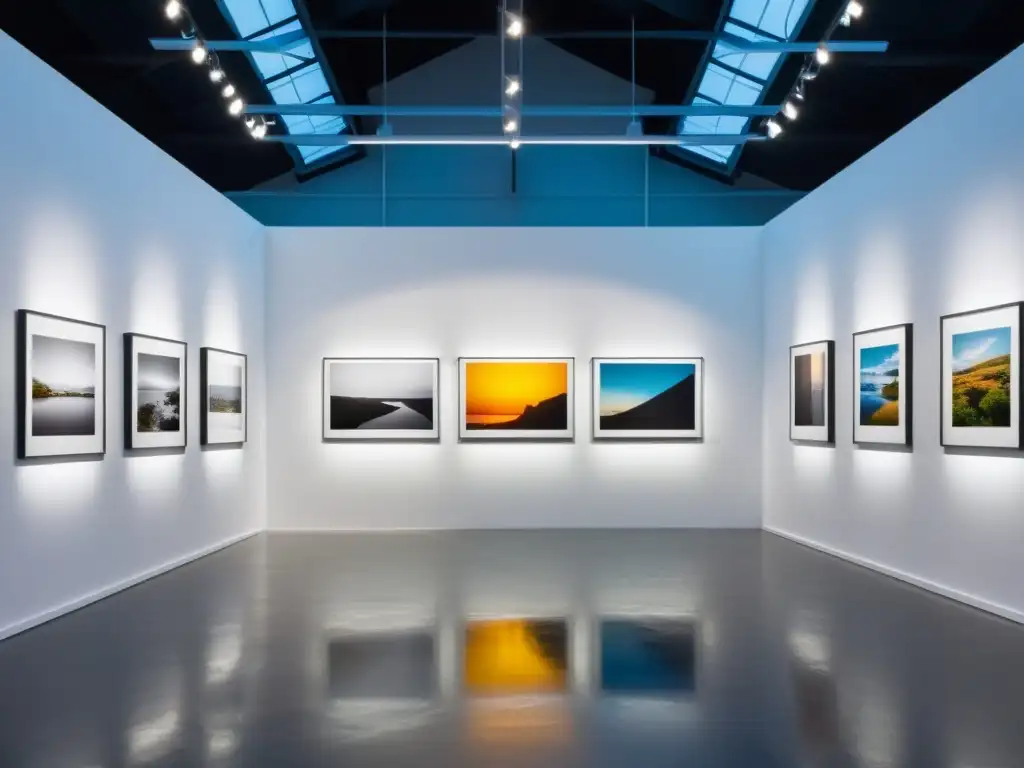 Una galería de arte moderno con impresiones fotográficas vibrantes de gran tamaño