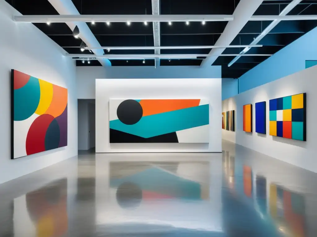 Una galería de arte moderno con una pintura abstracta vibrante como pieza central