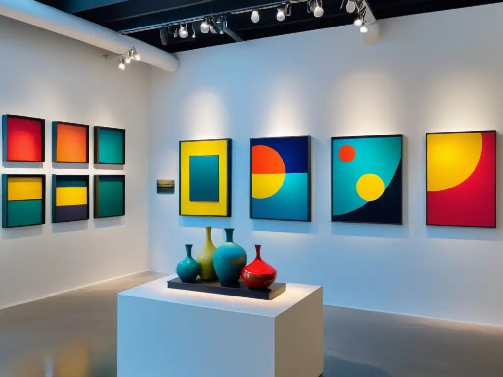 Una galería de arte moderno y vibrante llena de coloridas pinturas, esculturas e instalaciones artísticas