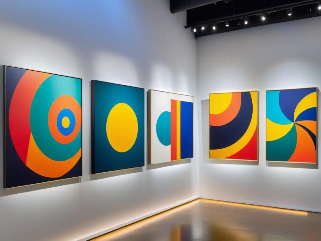 Una galería de arte moderno y vibrante con una colección diversa de pinturas abstractas coloridas que adornan las paredes
