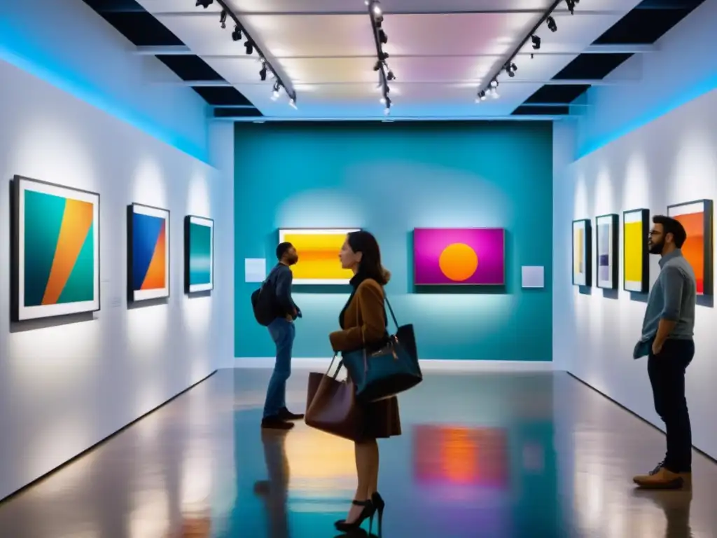 Exposición de arte contemporáneo: vibrante y serena Una galería de arte vibrante con obras modernas y visitantes admirando, en un ambiente sereno y acogedor