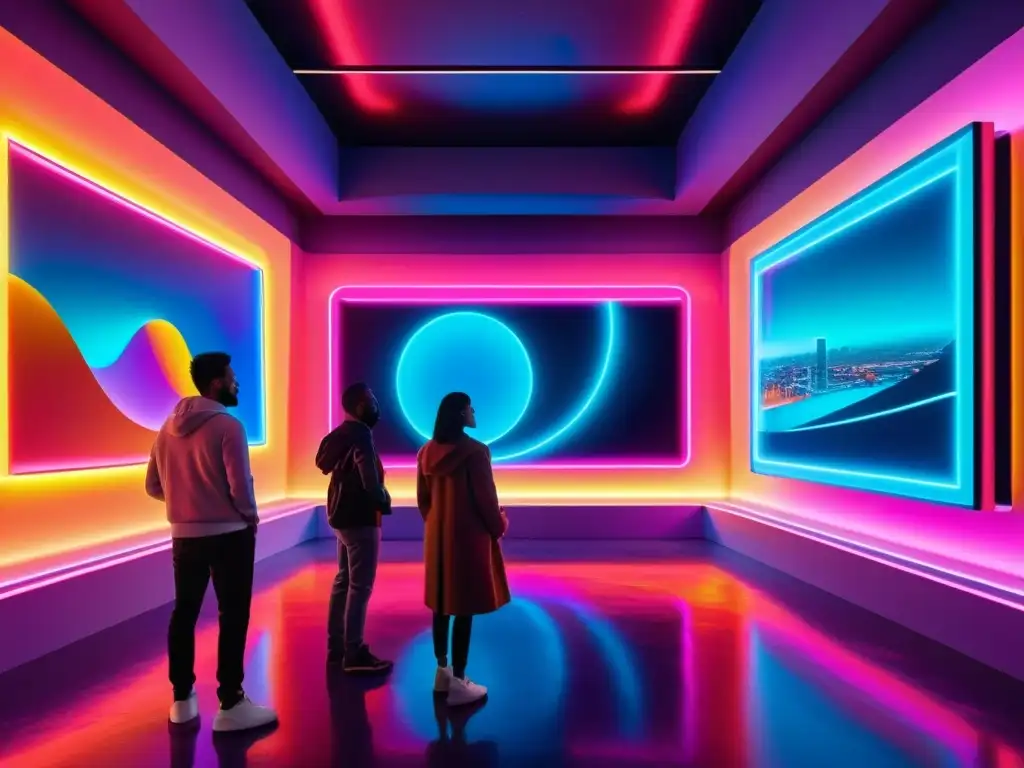 Una galería futurista de NFTs con arte vibrante y tecnología de vanguardia