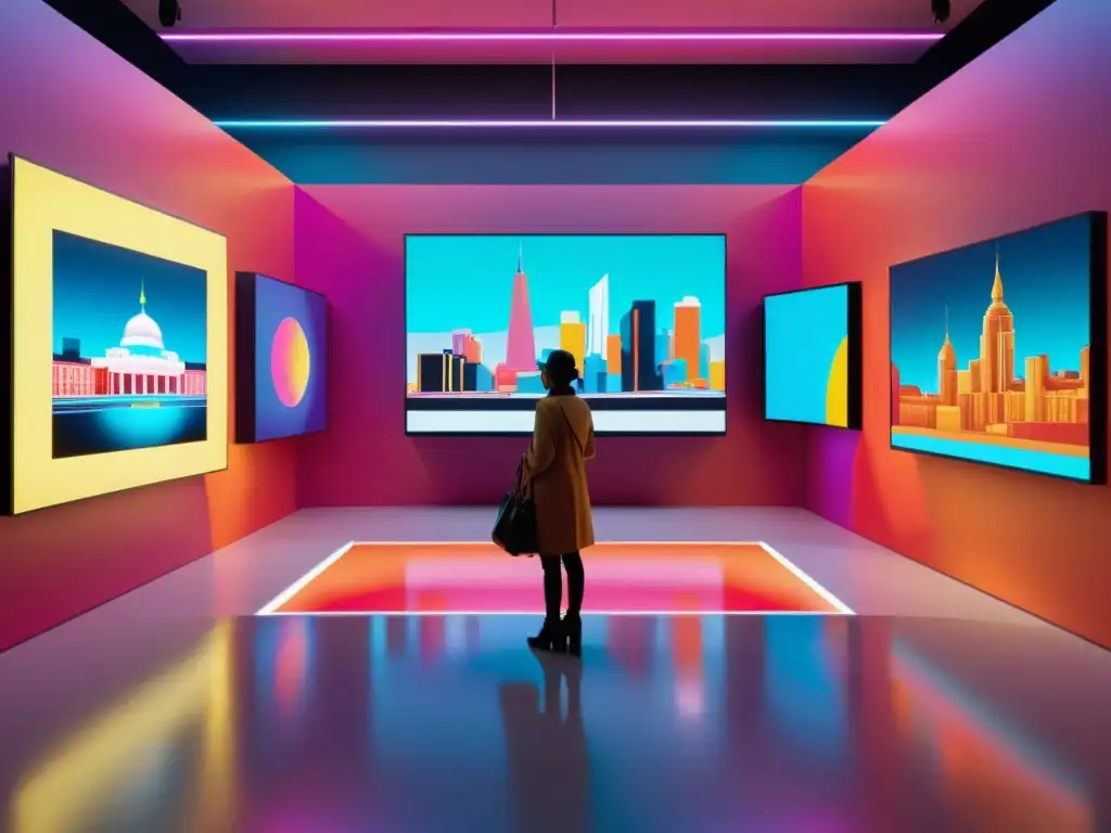 Una galería virtual llena de esculturas y pinturas de realidad aumentada con detalles intrincados y colores vibrantes, en un entorno futurista