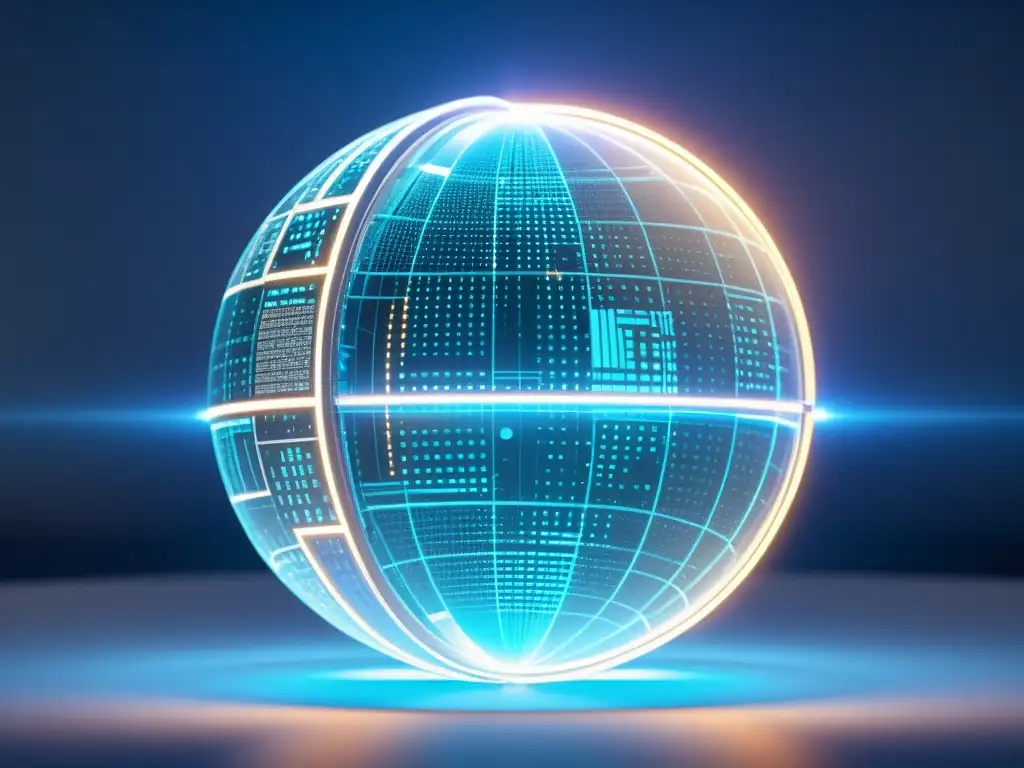 Esfera holográfica futurista: propiedad intelectual y realidad aumentada Un globo holográfico futurista muestra datos y elementos virtuales, envuelto en capas digitales translúcidas y líneas brillantes, simbolizando la intersección de la propiedad intelectual y la tecnología de realidad aumentada
